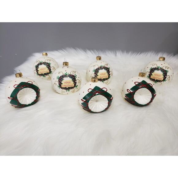 Lot 7 VITBIS Christmas Ornaments glitter Glass Round 3" Indent milk tree painted - Picture 2 of 14